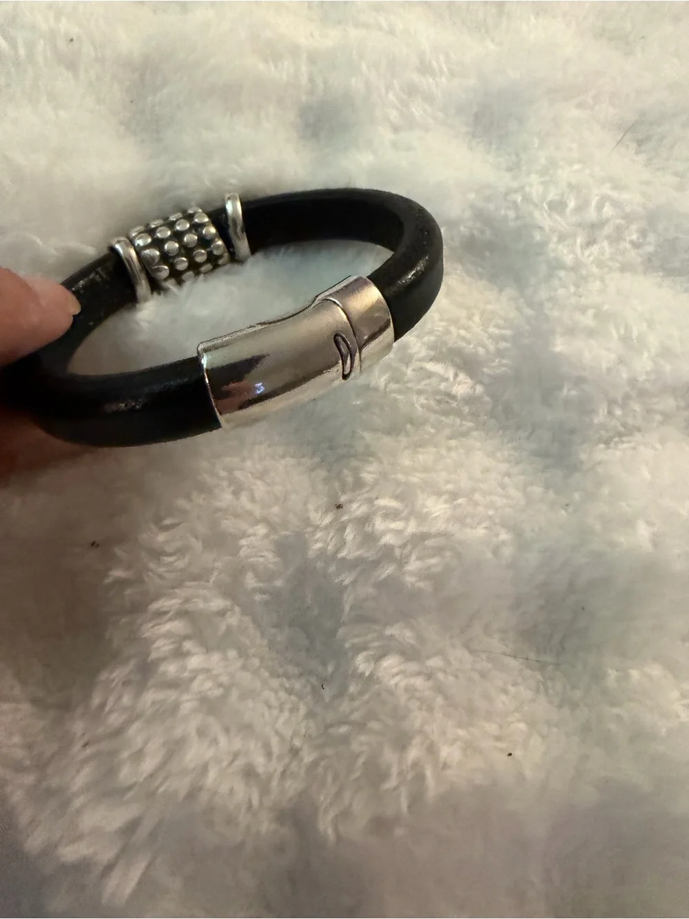 SUNDANCE Black Leather Bracelet with Silver Accents.